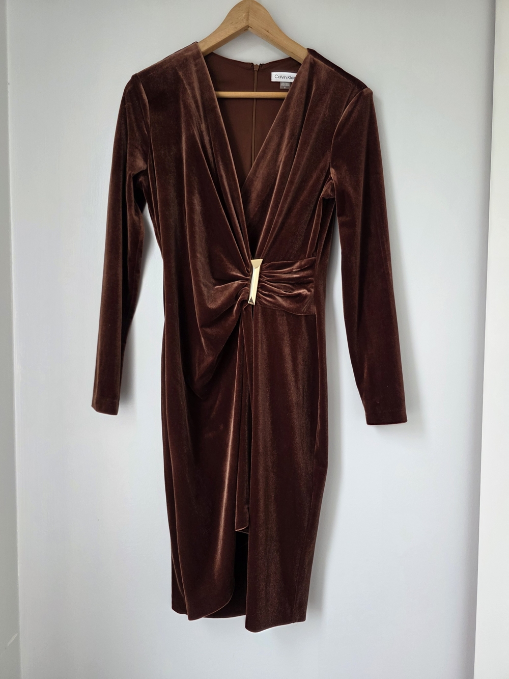 Calvin Klein Chocolate Brown Velvet Wrap Dress with Gold Accent